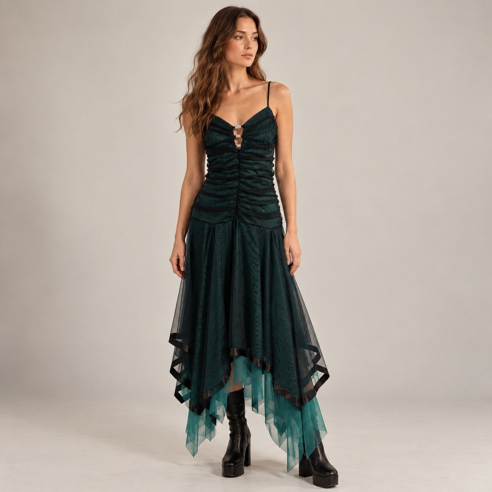 Masquerade Dress Womens L Teal Vintage 90s Y2K Handkerchief Hem Fairy Whimsigoth
